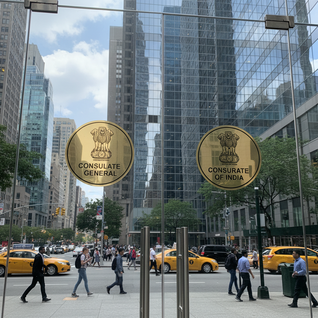 The modern high-rise building on Queen Street in Auckland which houses the Consulate General of India, showing the entrance from the street.