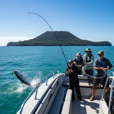 A group of friends fishing on a charter boat in Auckland's Hauraki Gulf, with one person reeling in a large snapper and Rangitoto Island in the background.