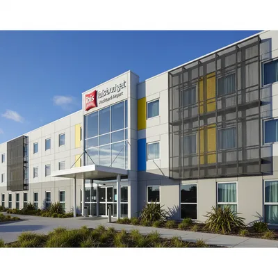 The modern multi-level exterior of the ibis budget Auckland Airport hotel, showing its clean lines and Accor branding under a clear blue sky.