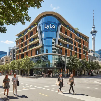 The modern exterior of the LyLo Auckland hybrid hotel on Cook Street in Auckland CBD, a popular and stylish accommodation choice for travellers.