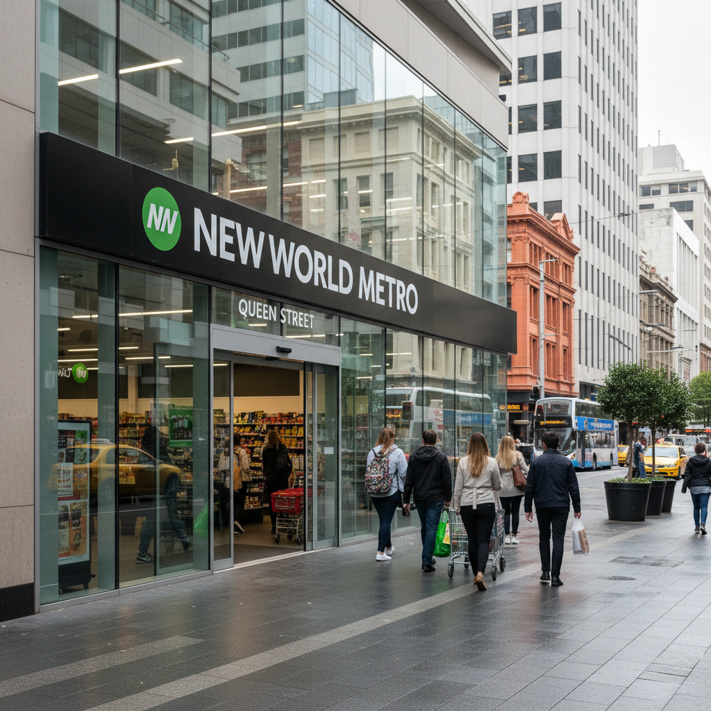 The modern glass entrance to New World Metro supermarket on a bustling Queen Street in Auckland CBD, with its distinctive red and white logo.