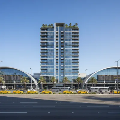 The modern exterior of the Novotel Auckland Airport hotel, showing its convenient location directly opposite the international terminal entrance.