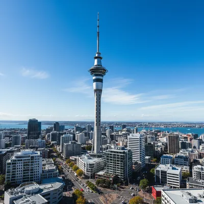 The iconic Sky Tower standing tall against the Auckland city skyline, with its needle-like spire reaching into a clear blue sky.