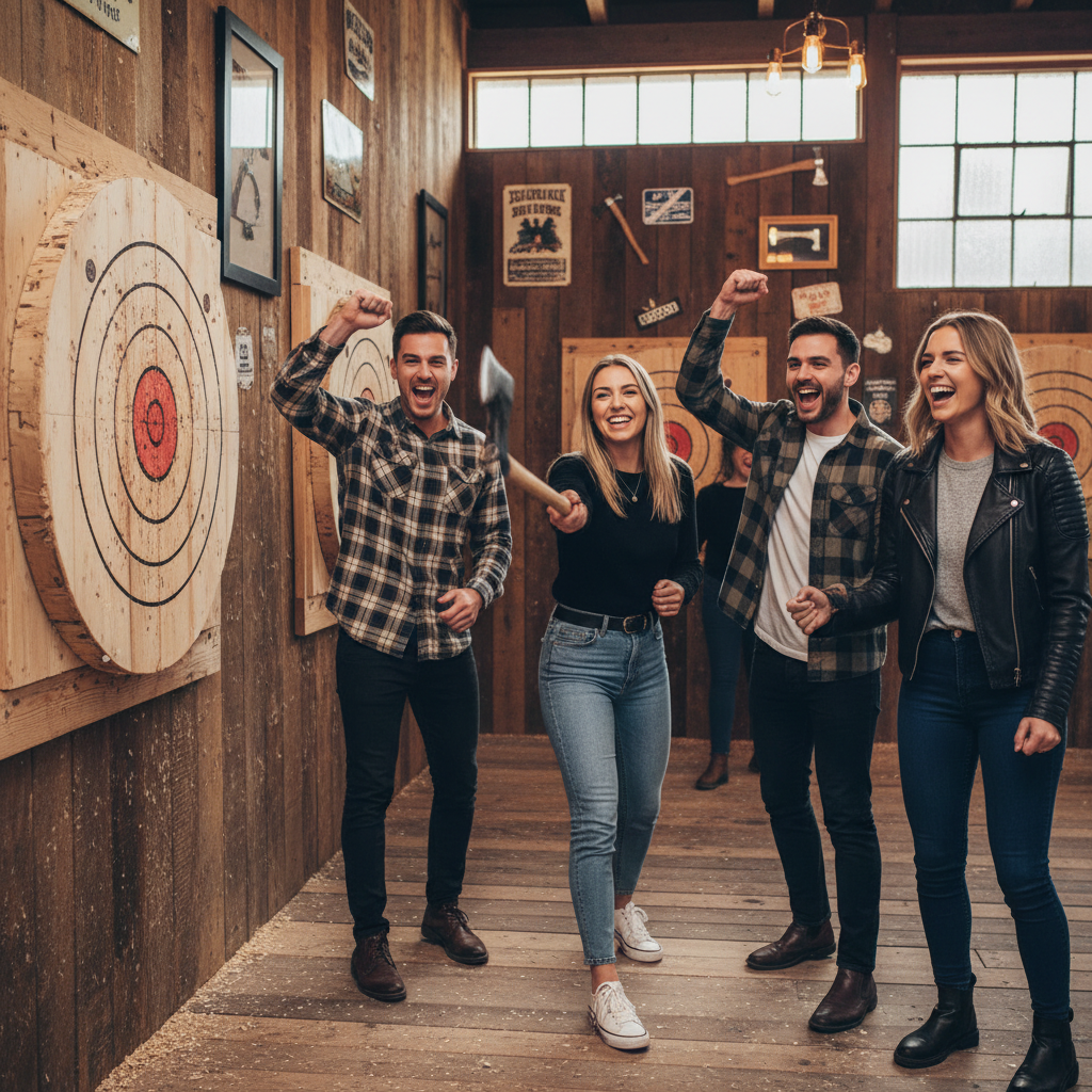 A person in a plaid shirt is captured mid-throw, hurling an axe towards a wooden target at the Sweet Axe Throwing Co. venue in Auckland.