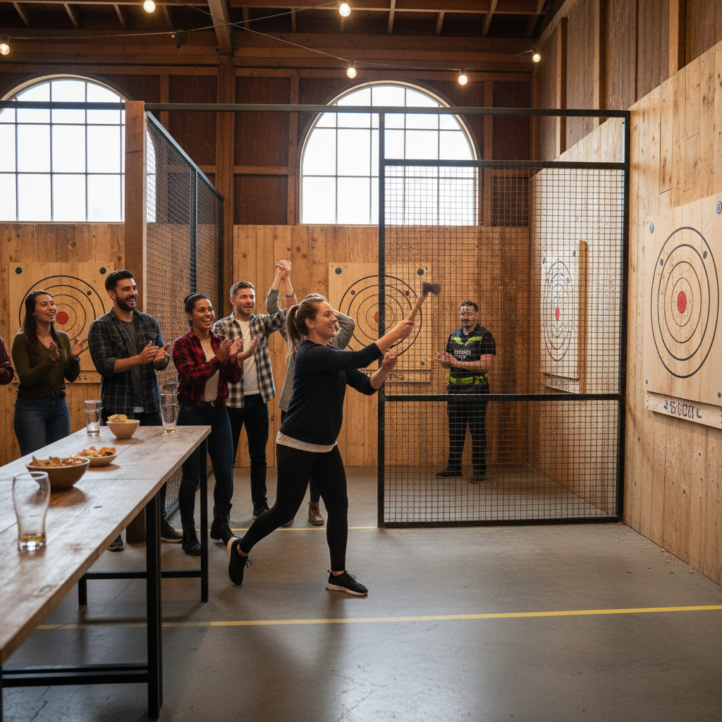 A person throwing an axe at a wooden target at the Sweet Axe Throwing Co. indoor entertainment venue in Penrose, Auckland.