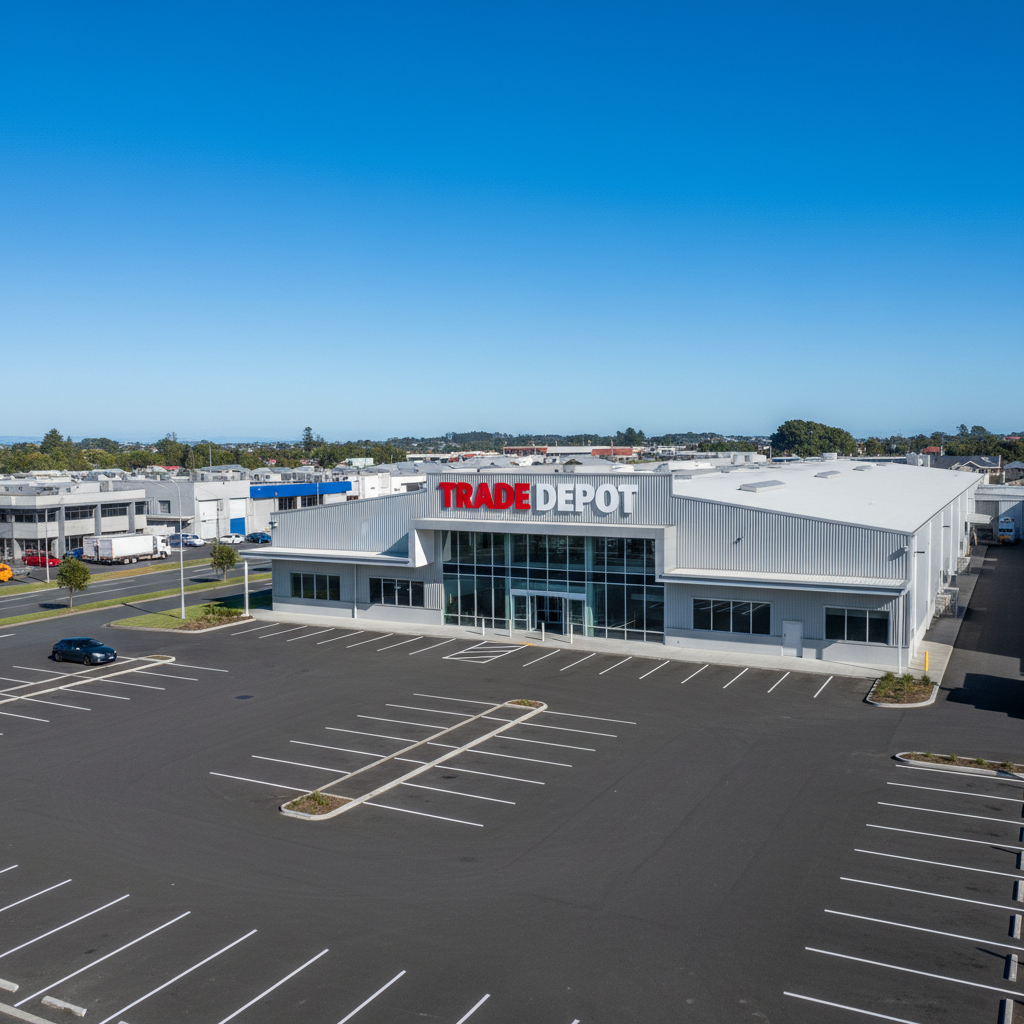 The storefront of the large Trade Depot home improvement store on Neilson Street in Onehunga, Auckland, with customer parking in front.