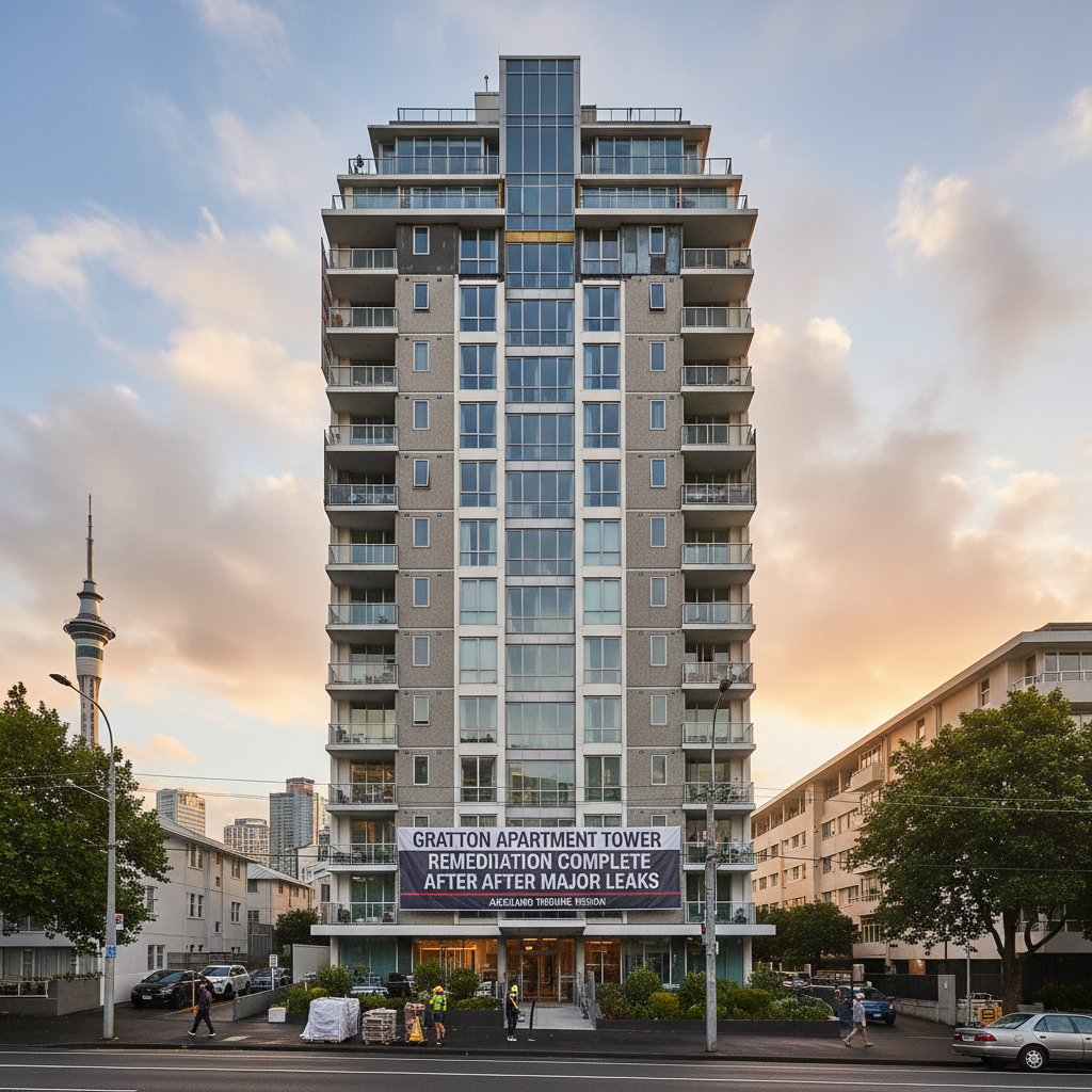 Grafton Cintra apartment and hotel complex, a 17-level building, showcasing completed remediation after major leaks.