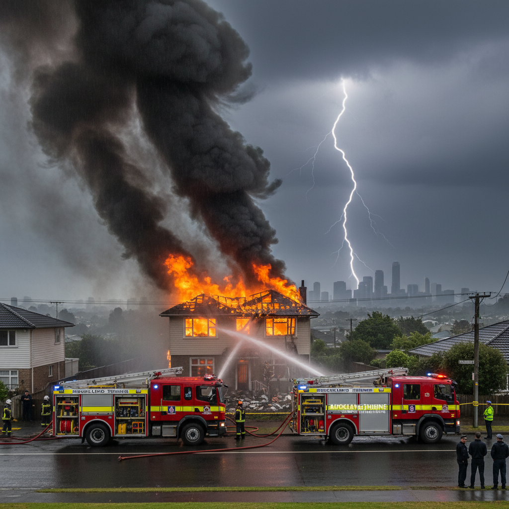 A house on Rockfield Road engulfed in flames with smoke billowing into the sky as emergency services respond.