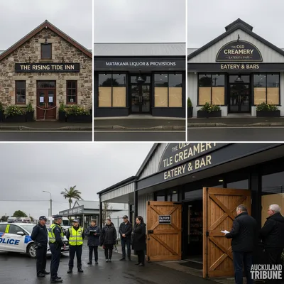Police tape surrounds a closed bottle shop in Matakana, signifying license suspension.