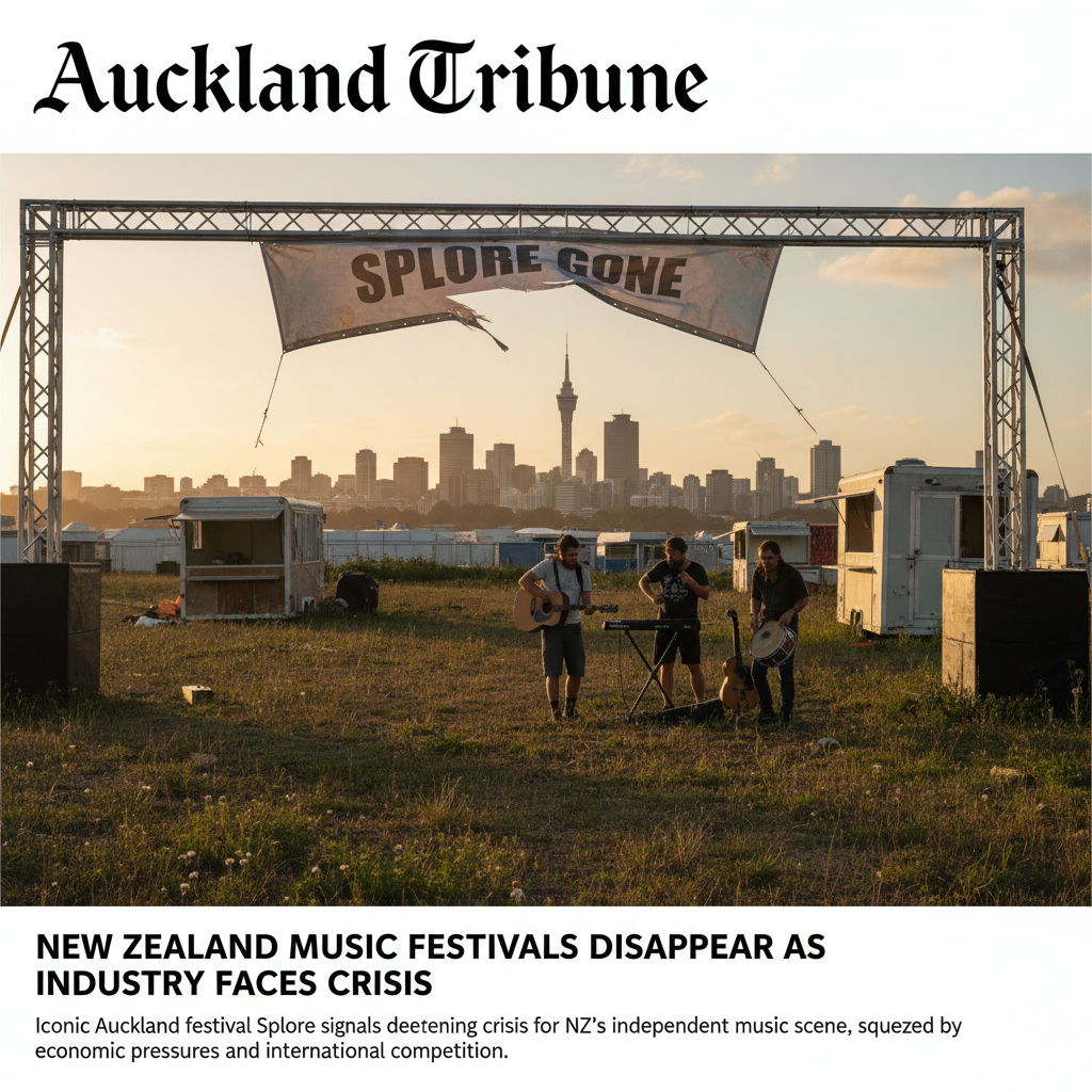New Zealand music festival stage sits empty with a single person walking away from it.