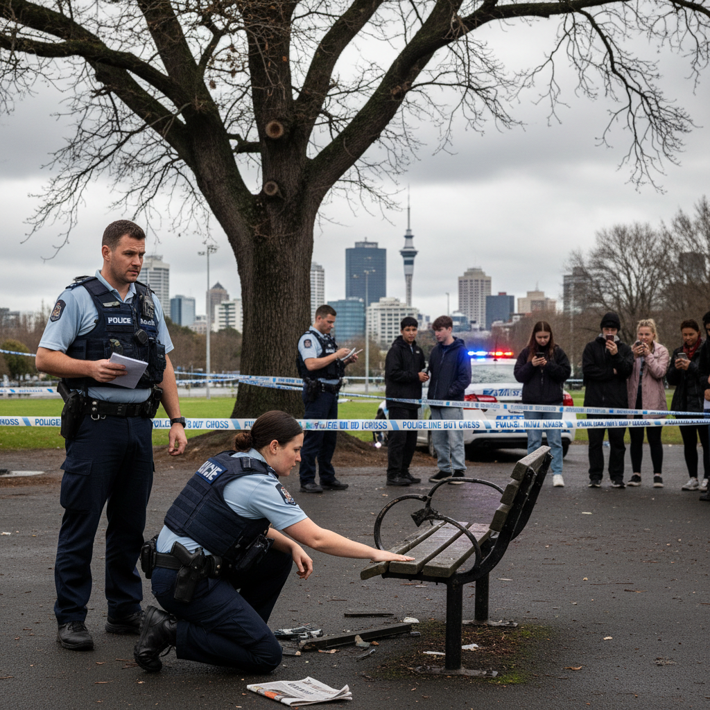 Police officers investigate a crime scene outdoors under natural lighting, suggesting an ongoing investigation.