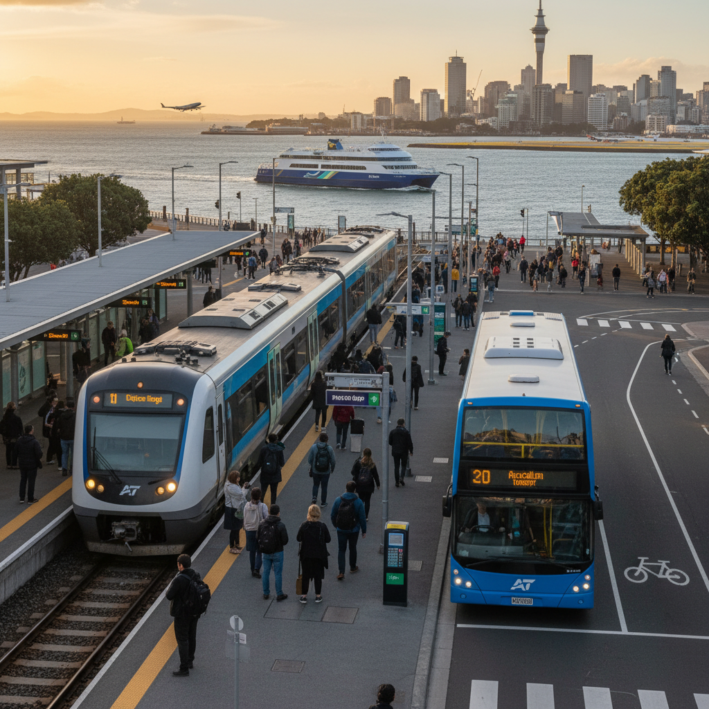 Auckland trains, buses, and ferries operating in a realistic setting under natural lighting.