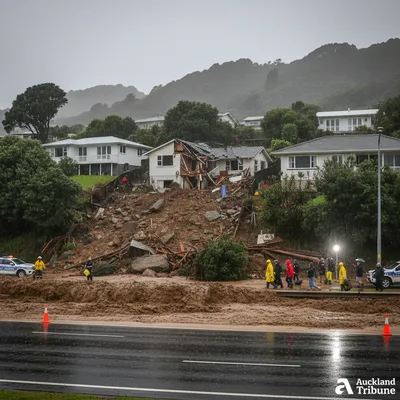 Landslide damage in Waiwera with debris covering homes and roads amid heavy rain.