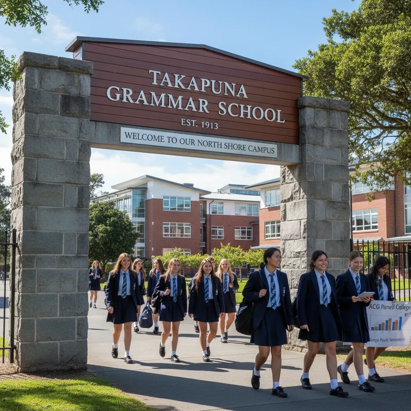 Takapuna Grammar School sign with students entering the North Shore campus to the right.
