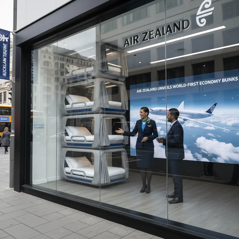Air New Zealand economy cabin with lie-flat sleeping pods for passengers.