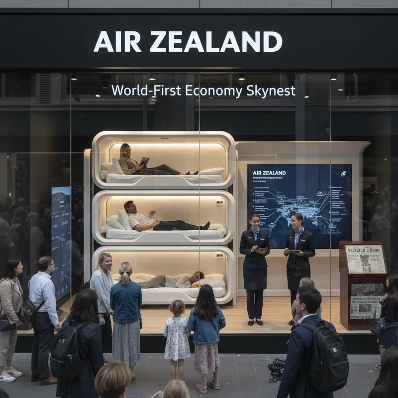 Economy class passengers sleeping in futuristic bunk beds on a long-haul Air New Zealand flight.