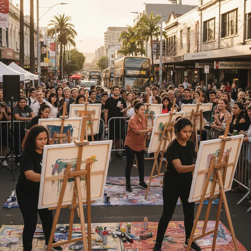 A live speed painting event on Dominion Road with artists competing and an audience watching.