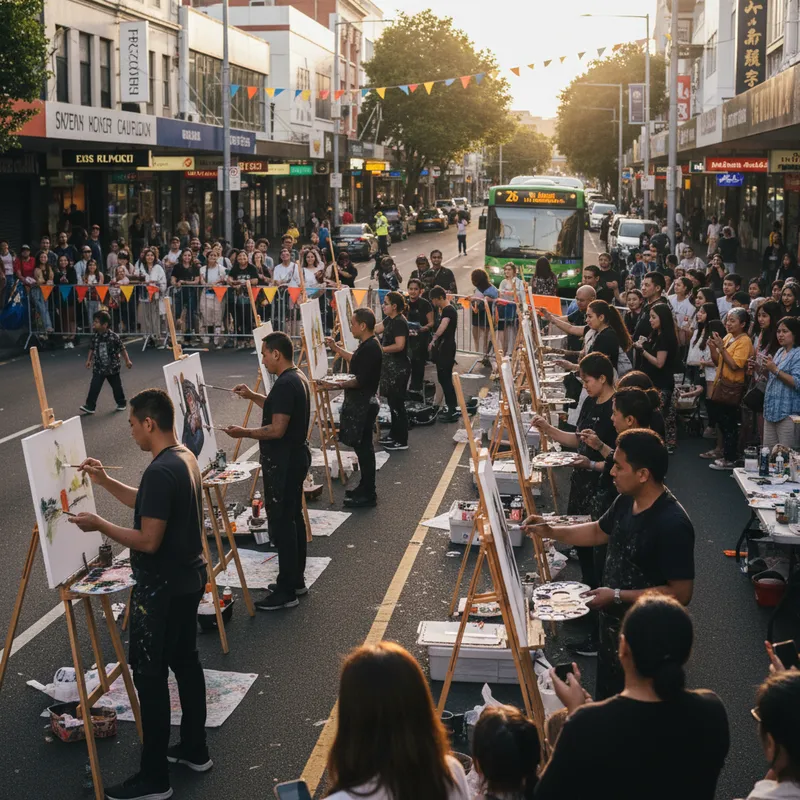 Speed painting artists compete live on Dominion Road in Auckland, with audience as judges.