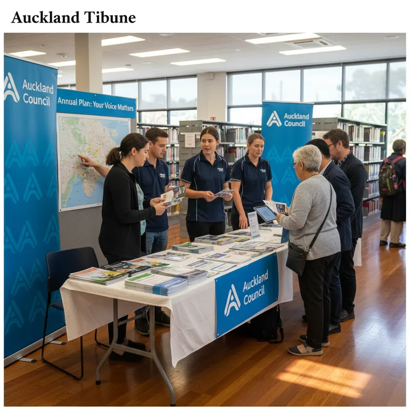 Auckland Council consultation stand at a local library with submission flyers and residents talking. — Auckland Tribune