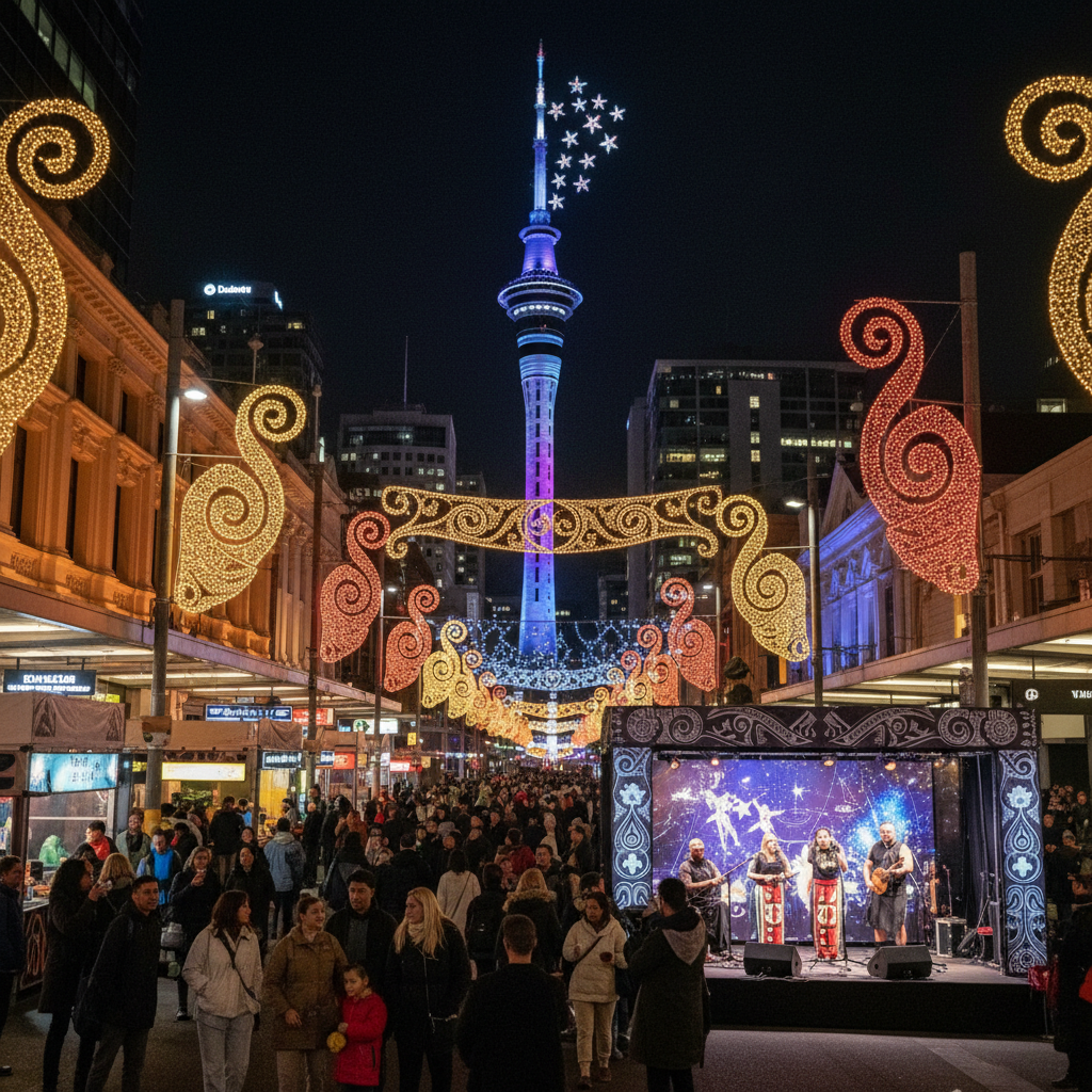 Vibrant illuminated artworks and people gathered in Auckland's city centre during the Matariki festival.