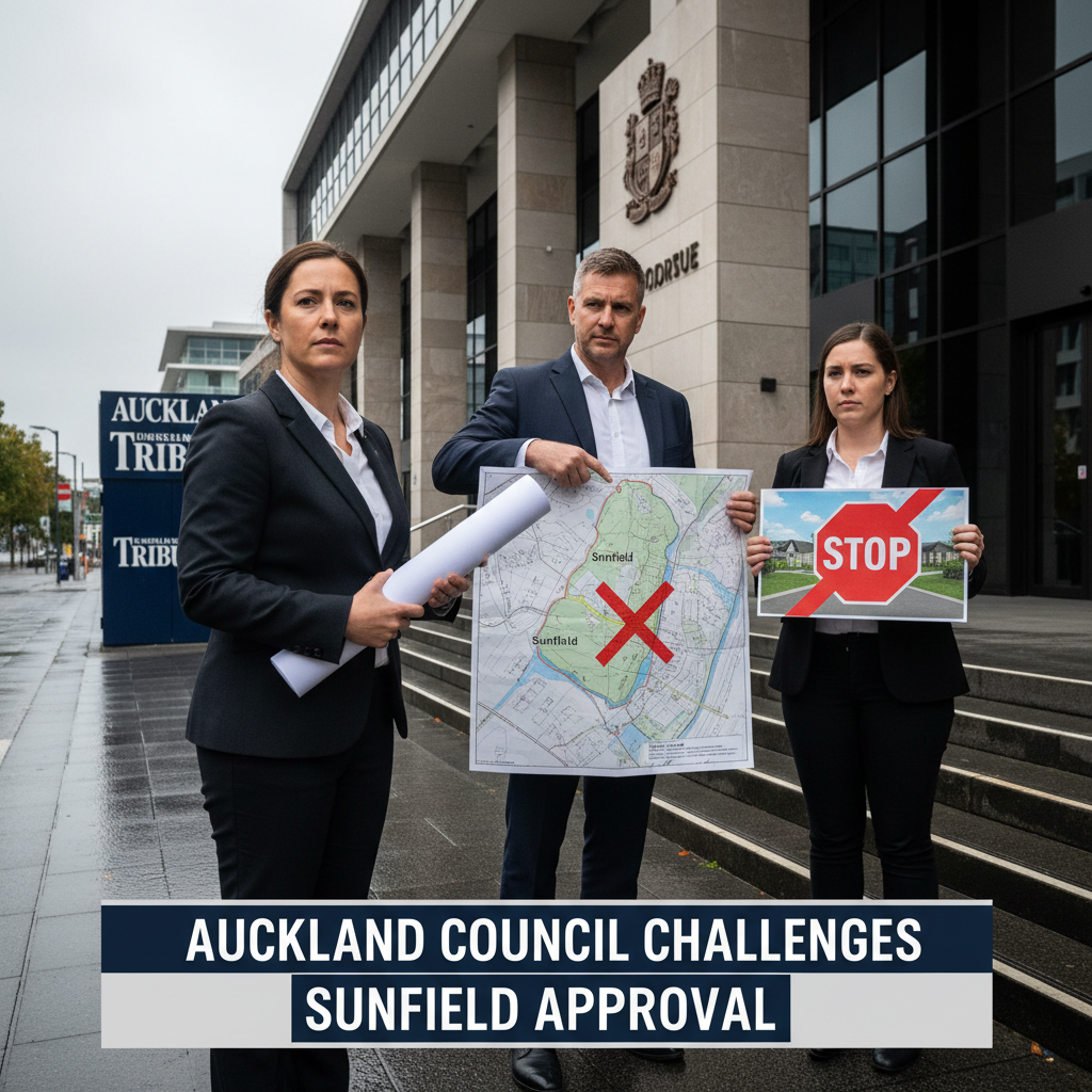 Photorealistic image of Auckland Council building exterior with subtle flood mitigation landscaping.