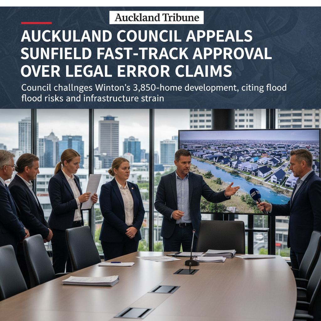 Auckland Council building exterior with a cloudy sky, symbolizing legal challenges.