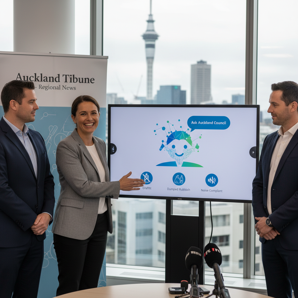 AI assistant interface on a council building exterior, symbolizing integrated digital problem-reporting services.