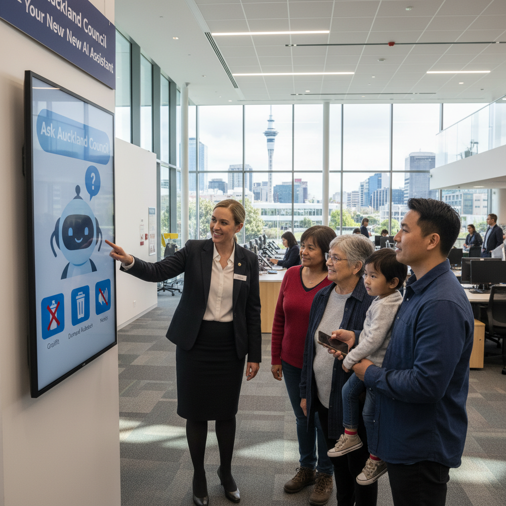 Council building with a digital AI interface projected onto it, symbolizing new technology.