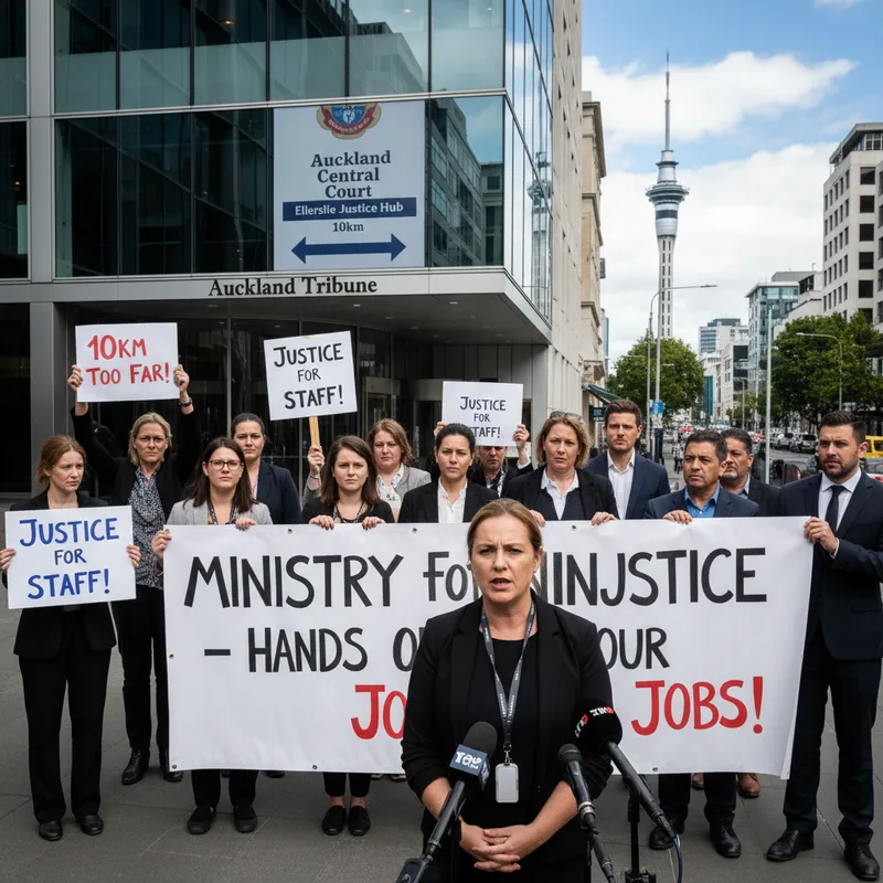 Photorealistic image of Auckland court building exterior with natural lighting, set in a realistic urban environment.