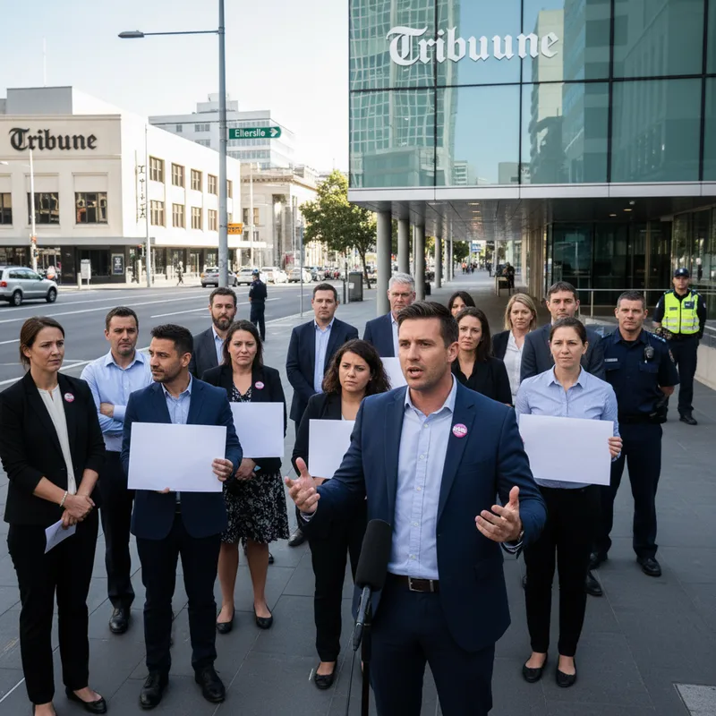 Photorealistic image of Auckland court building exterior with natural lighting, reflecting a news report on job relocation.