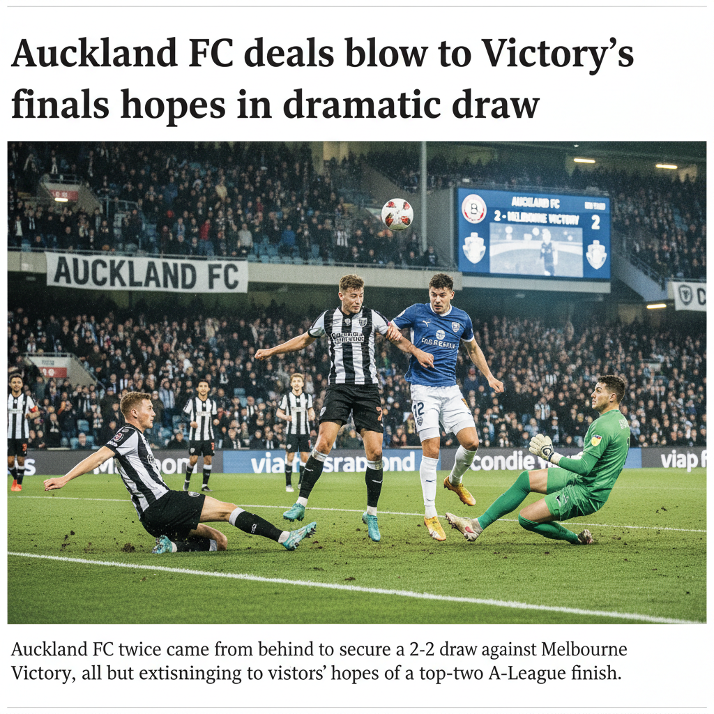 Dynamic action shot of an Auckland FC vs Melbourne Victory soccer match, realistic stadium setting.