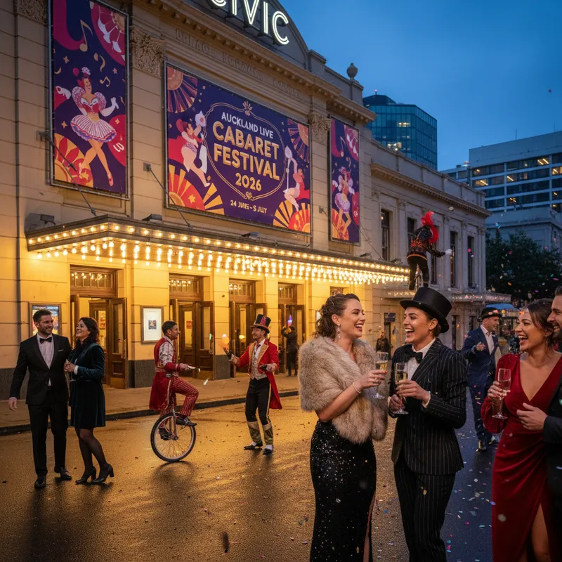 Auckland cabaret stage with performers and colorful lighting evoking a sense of excitement.
