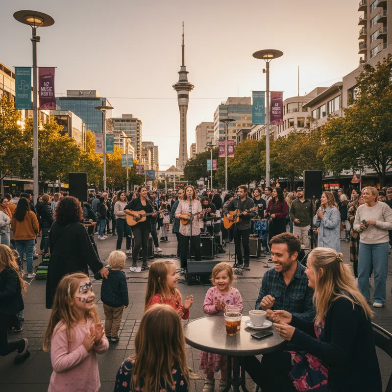 Musicians perform at an outdoor pop-up gig during Auckland Live's month-long music festival.