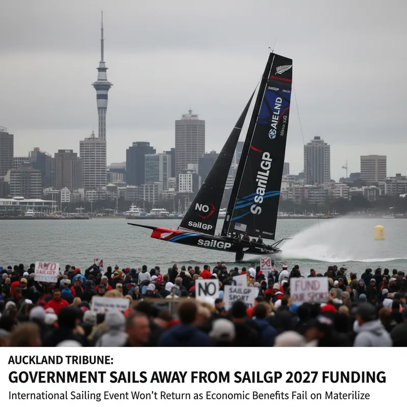 SailGP racing boats in Auckland harbor with the city skyline in the background