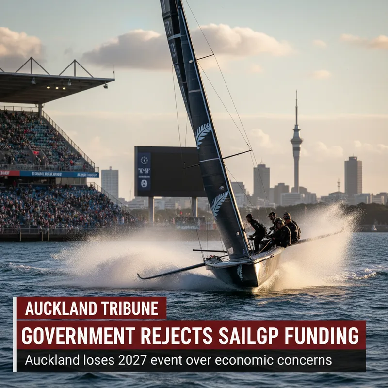 Dynamic action shot of SailGP racing yachts, representing Auckland's lost 2027 bid due to funding rejection.