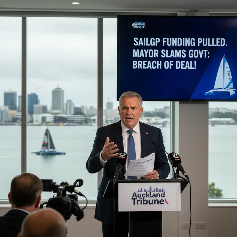 Auckland Mayor Wayne Brown at a press conference, looking serious.