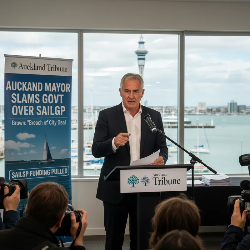 Auckland mayor Wayne Brown looking displeased at a press conference, with a blurred cityscape in the background.