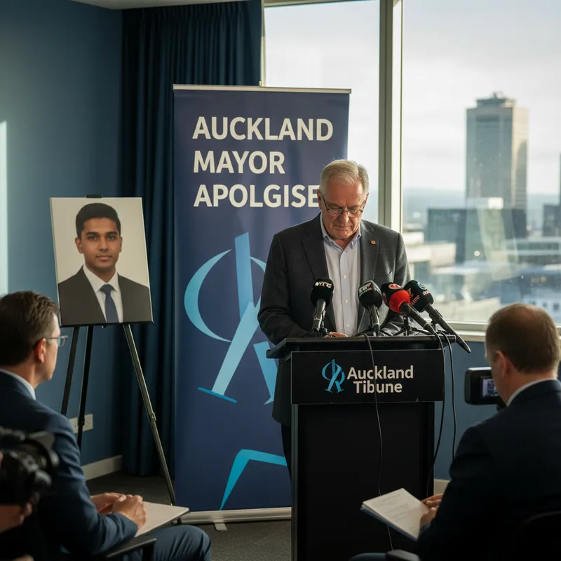 Auckland Mayor Wayne Brown in a professional news setting, offering a sincere apology.