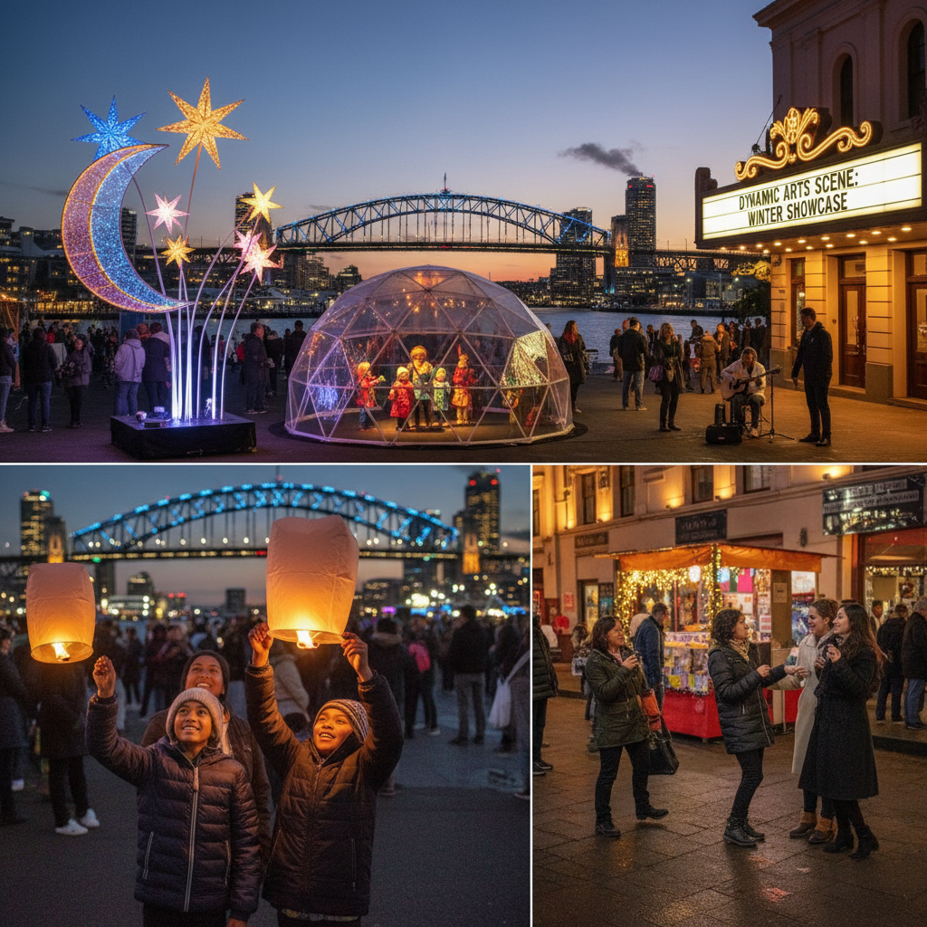 People enjoying a winter festival with colorful decorations and food stalls in an outdoor Auckland setting.
