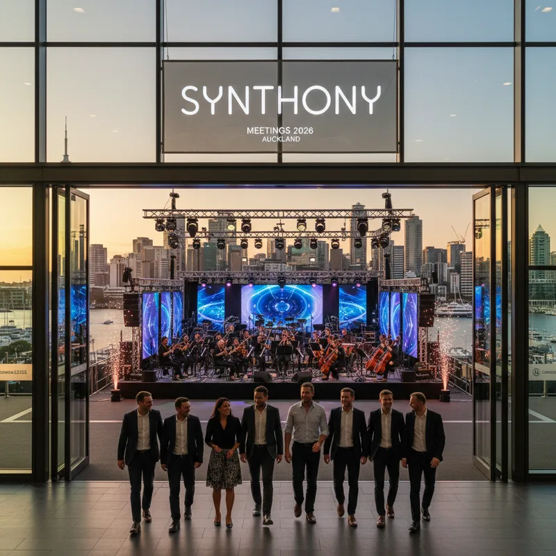 Synthony performers on stage with NZICC in the background during a business event preparation.