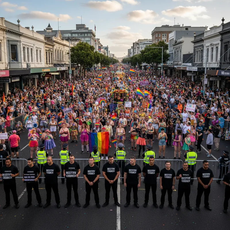 Auckland Rainbow Parade with diverse crowd marching and rainbow flags, with a small group of protesters visible in the background.