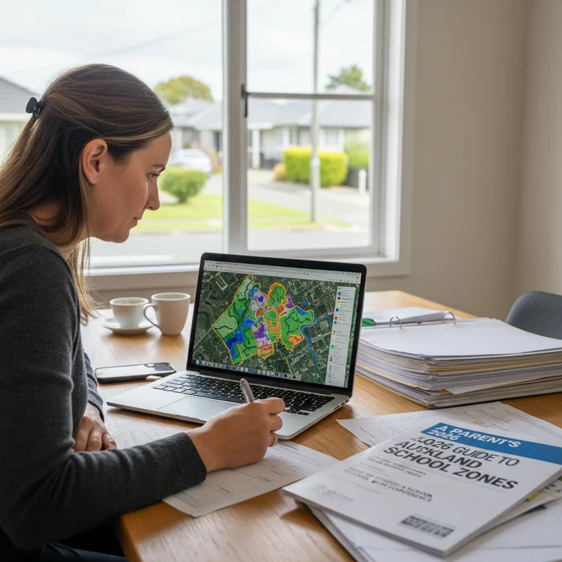 Auckland parent studies laptop showing school enrolment map and planning documents.