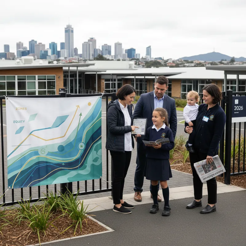 Auckland cityscape with various schools highlighted, representing school zones and the equity index.