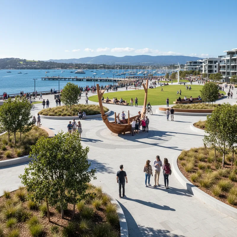 Auckland's revitalised waterfront features new green spaces and walkways, attracting many visitors.