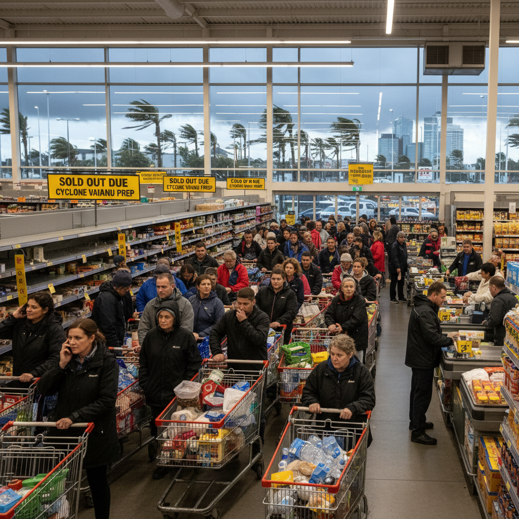 Auckland shoppers queue inside and outside supermarkets stocking up on groceries as Cyclone Vaianu nears landfall.