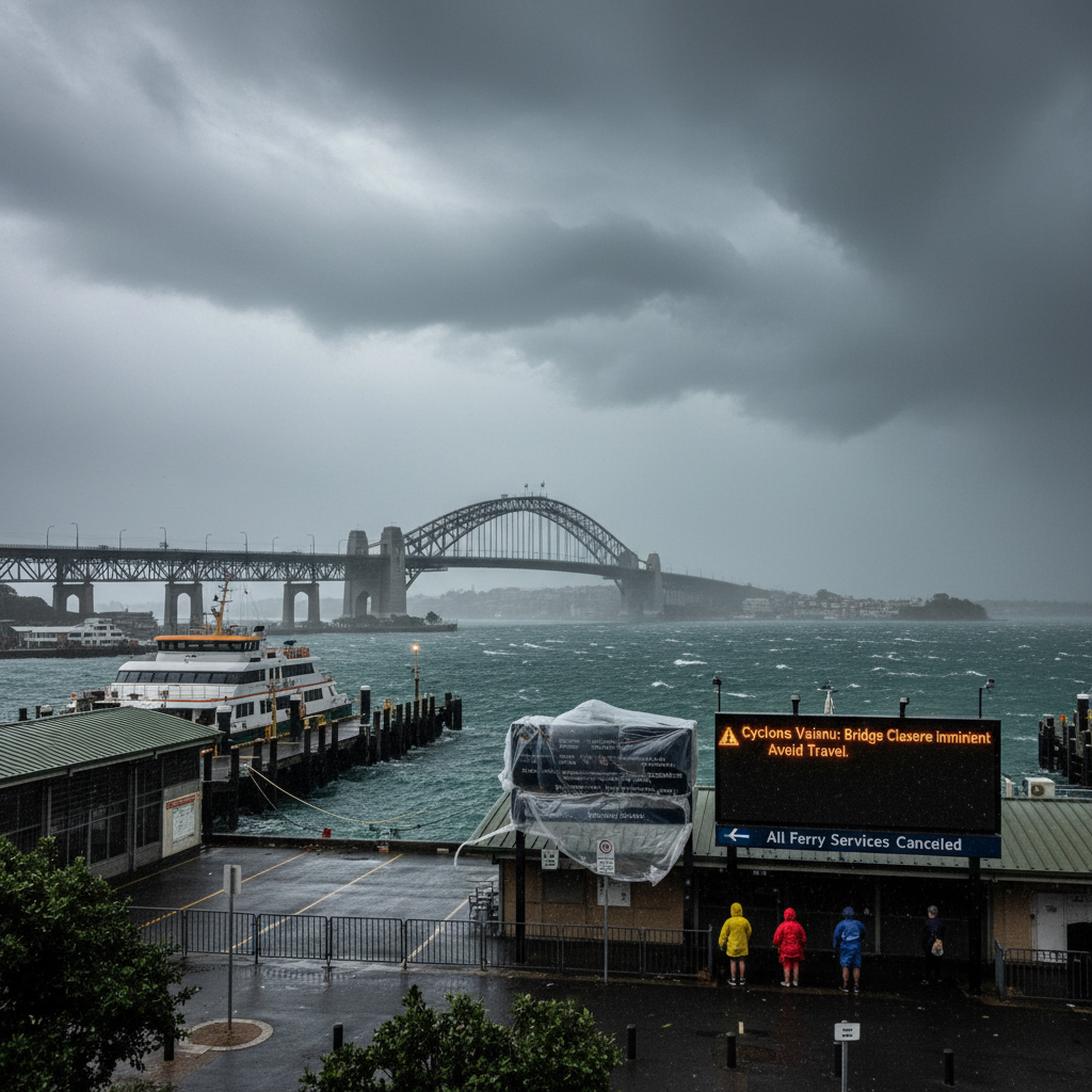 Cyclone Vaianu approaching Auckland, with warnings about potential Harbour Bridge closures and ferry cancellations.