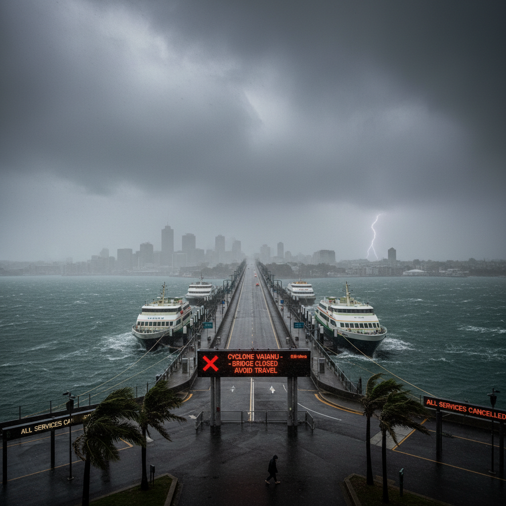 Auckland Harbour Bridge with strong winds and rain as Cyclone Vaianu approaches