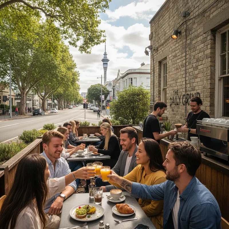 Auckland cafe interior with natural light, showcasing a brunch spread and specialty coffee options.