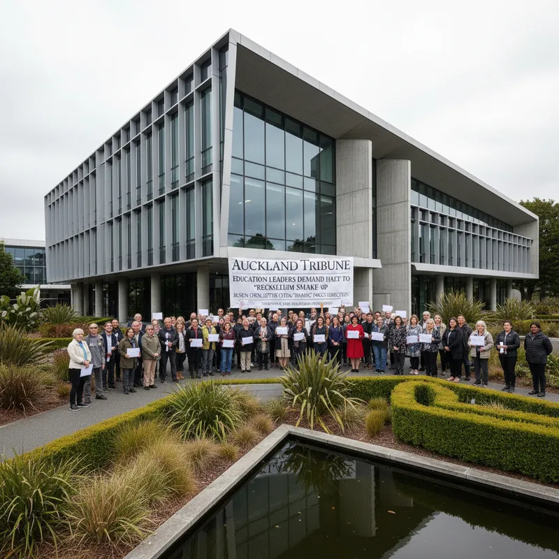 Modern building exterior with landscaped grounds, representing an educational institution.