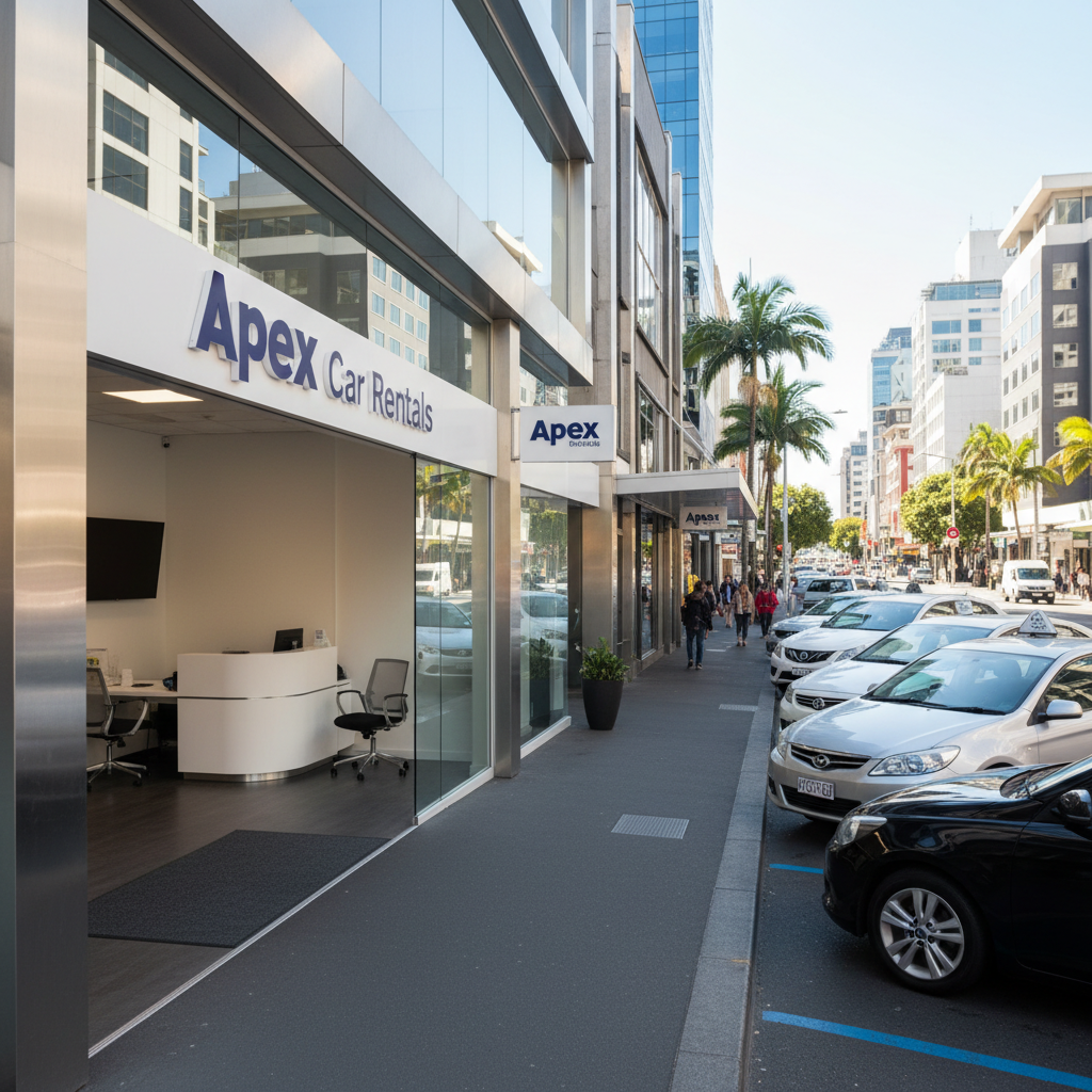 The storefront of the Apex Car Rentals office in Auckland, with clear signage and several modern rental cars parked outside on a sunny day.